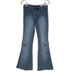 Vtg y2k Mudd Jeans Women's Low‎ Rise Flare Cargo Jeans Blue Denim Size 3